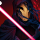 A painting of a red-lightsaber wielding masked woman, wearing a cloak over her long dark hair.